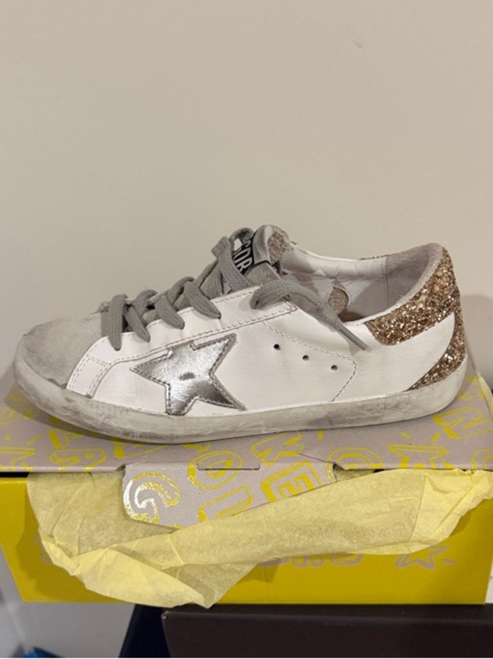 Golden Goose Kids White Sneakers with Silver Star and Gold Glitter Heel